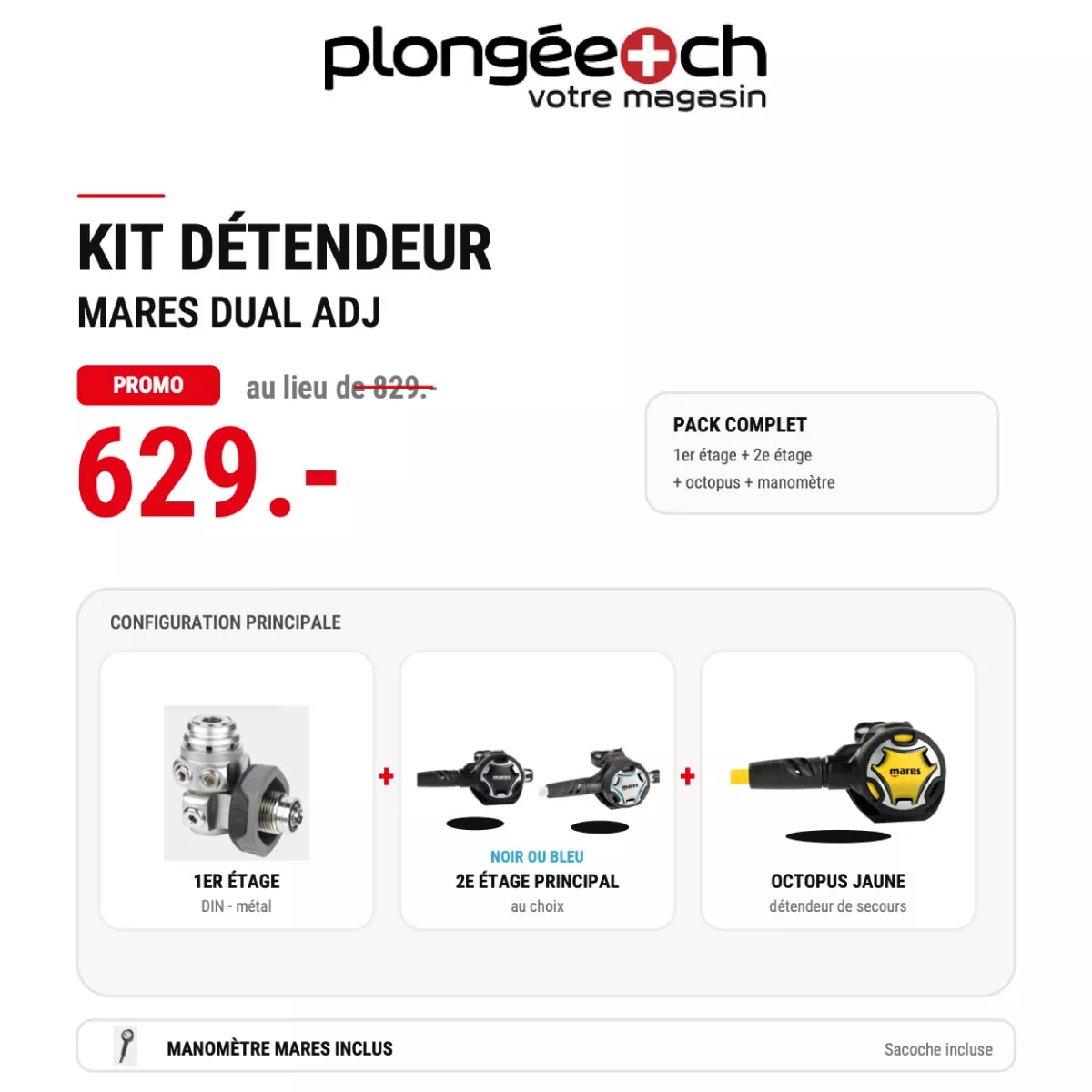 Pack Regulator Mares Dual ADJ 62x + Octopus Dual + Mano + Housse + Flex inflateur