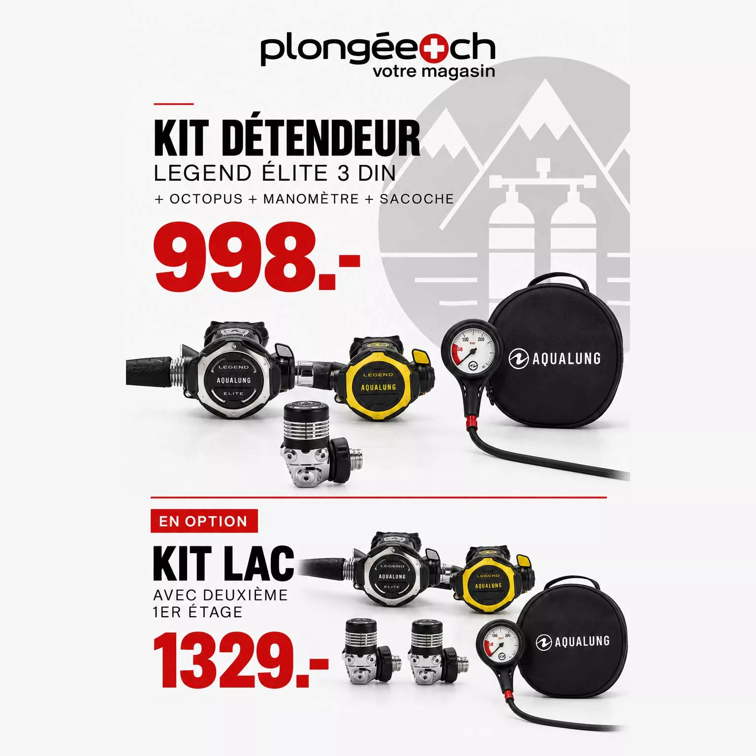 Kit détendeur Aqualung Legend élite 3 DIN avec octopus, mano et sacoche